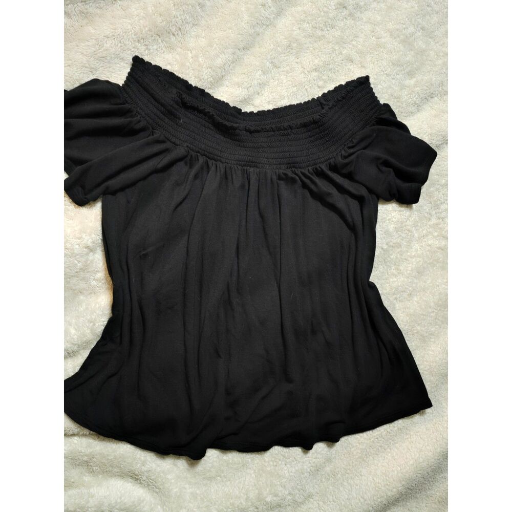 Paper + Tee Black Off the Shoulder Bardot Smocked Top L